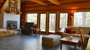 Smart TV, chimenea y libros