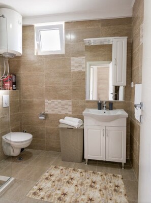 Shower, jetted bath, hair dryer, bidet