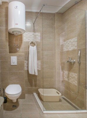Shower, jetted bath, hair dryer, bidet