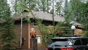A cabin with a wooden exterior, surrounded by trees, and a black car parked in front.