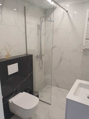 Dusche, Regendusche, Haartrockner, HandtĂŒcher