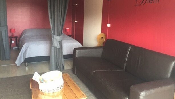 Een hotelkamer met een bed, een leren bank, een houten tafel met een schaal, en een rode muur met de tekst 'Carpe Diem'.