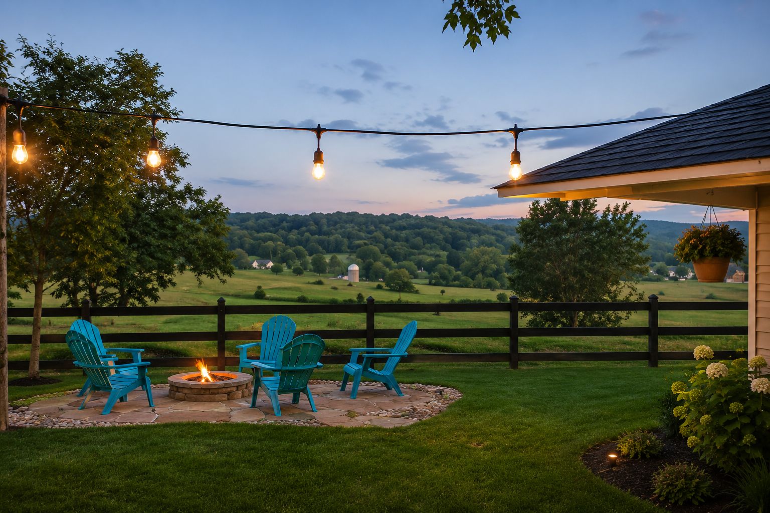 A patio with outdoor seating and a fire pit, overlooking a rural landscape with trees and a fence.