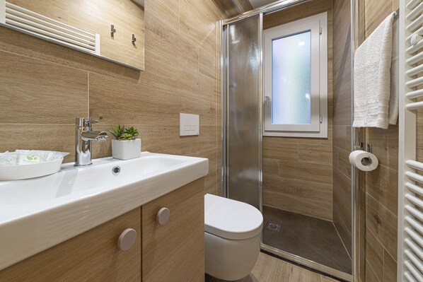 Dusche, Haartrockner, Handtücher, Seife