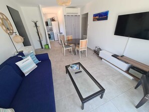 TV, DVD player, books, video library