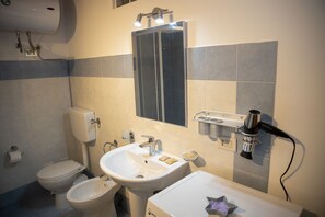 Douche, sèche-cheveux, bidet, serviettes fournies