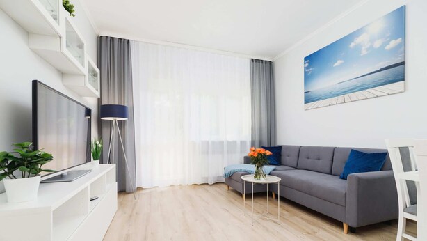 A modern living room with a grey sofa, a small white table with a vase of flowers, a flat-screen TV on a white stand, and a large window with sheer curtains.
