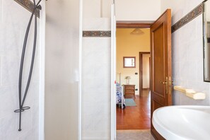 Shower, hair dryer, bidet, towels