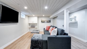 TV connectée, cheminée, livres