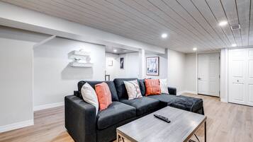 Smart TV, fireplace, books