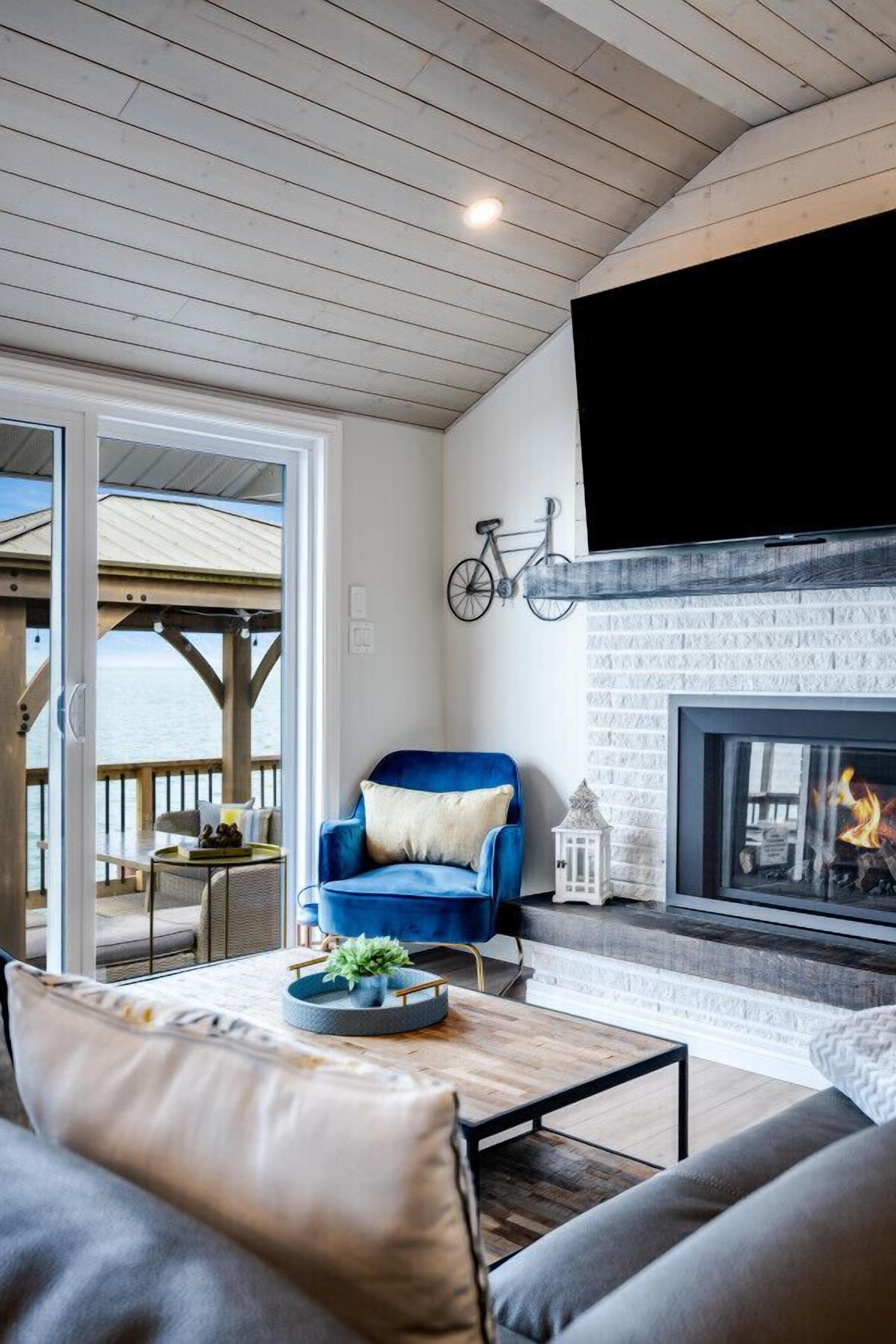 Smart TV, chimenea y libros 