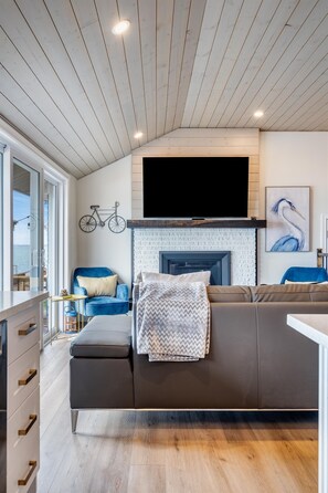 Smart TV, chimenea y libros 