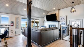 Smart TV, fireplace, books