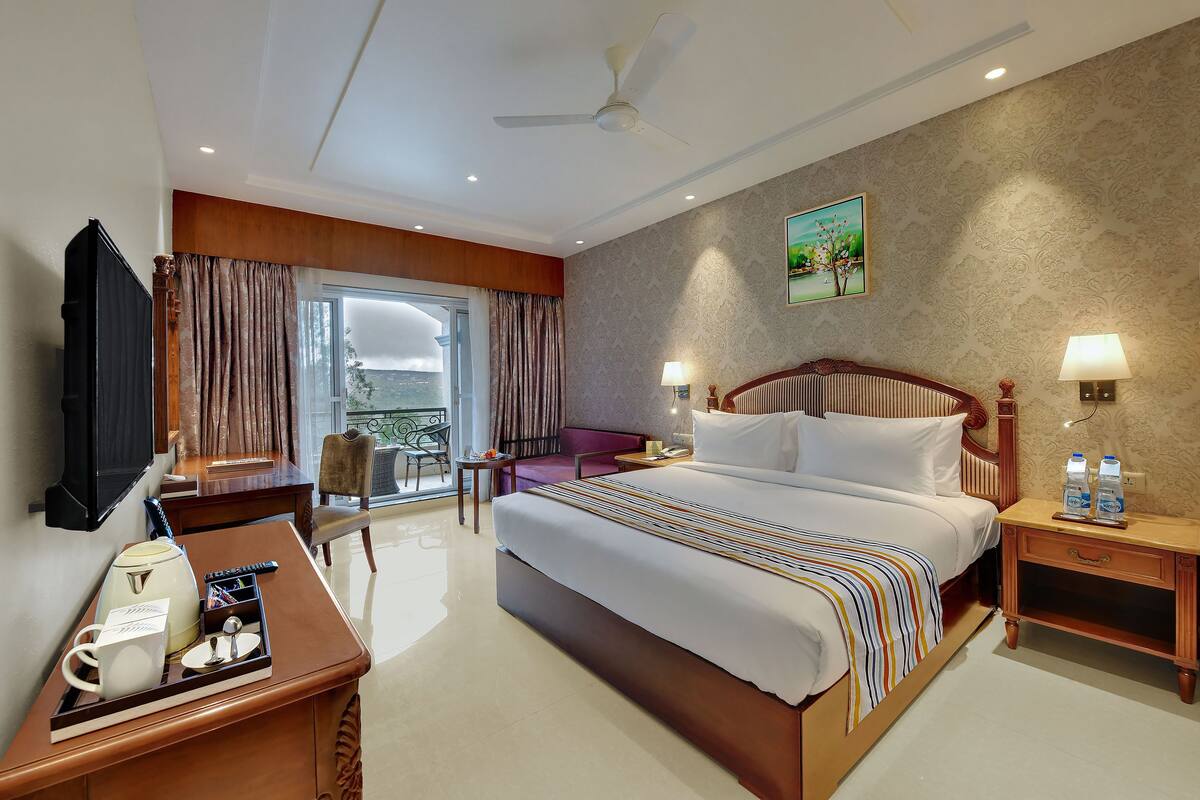 A hotel room with a large bed, a desk with a coffee maker, a TV, and a view of the outdoors.