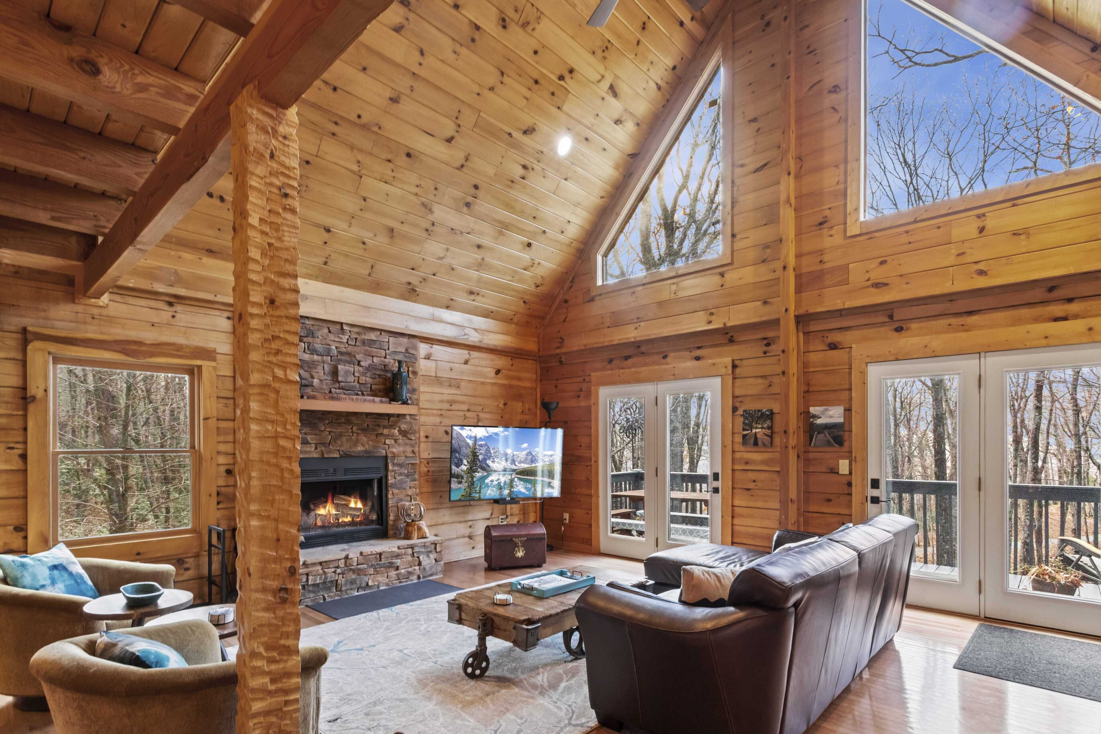 TV, fireplace, books, computer monitors