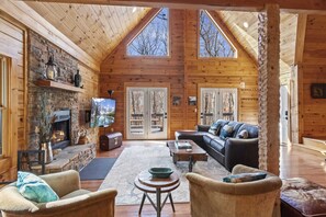 TV, fireplace, books, computer monitors