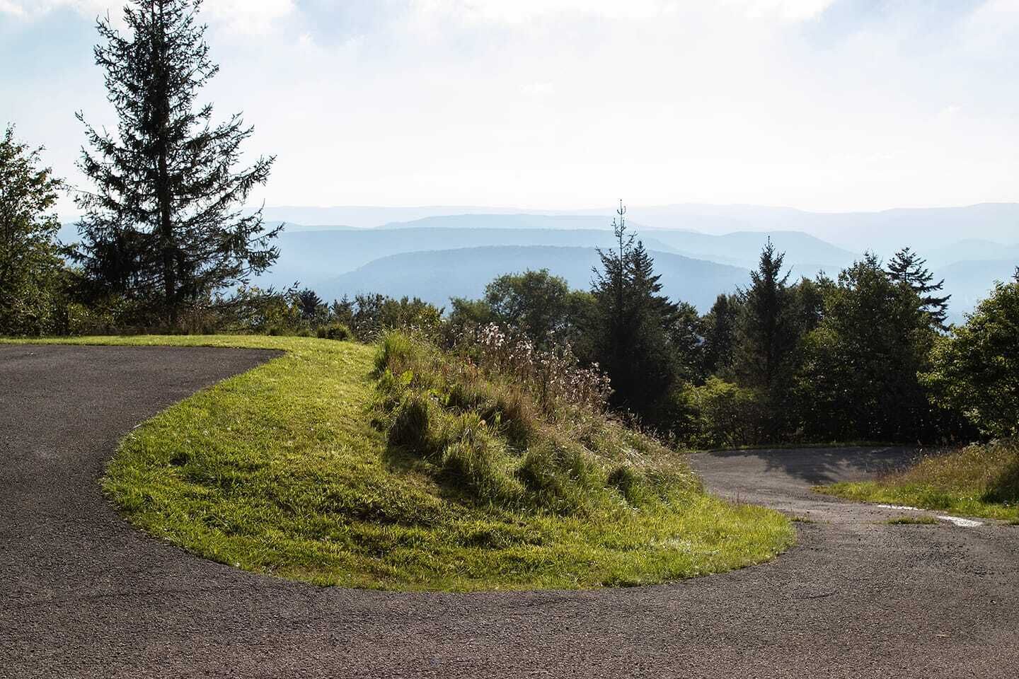 Un camino sinuoso con zonas verdes y árboles que conduce hacia un paisaje montañoso.