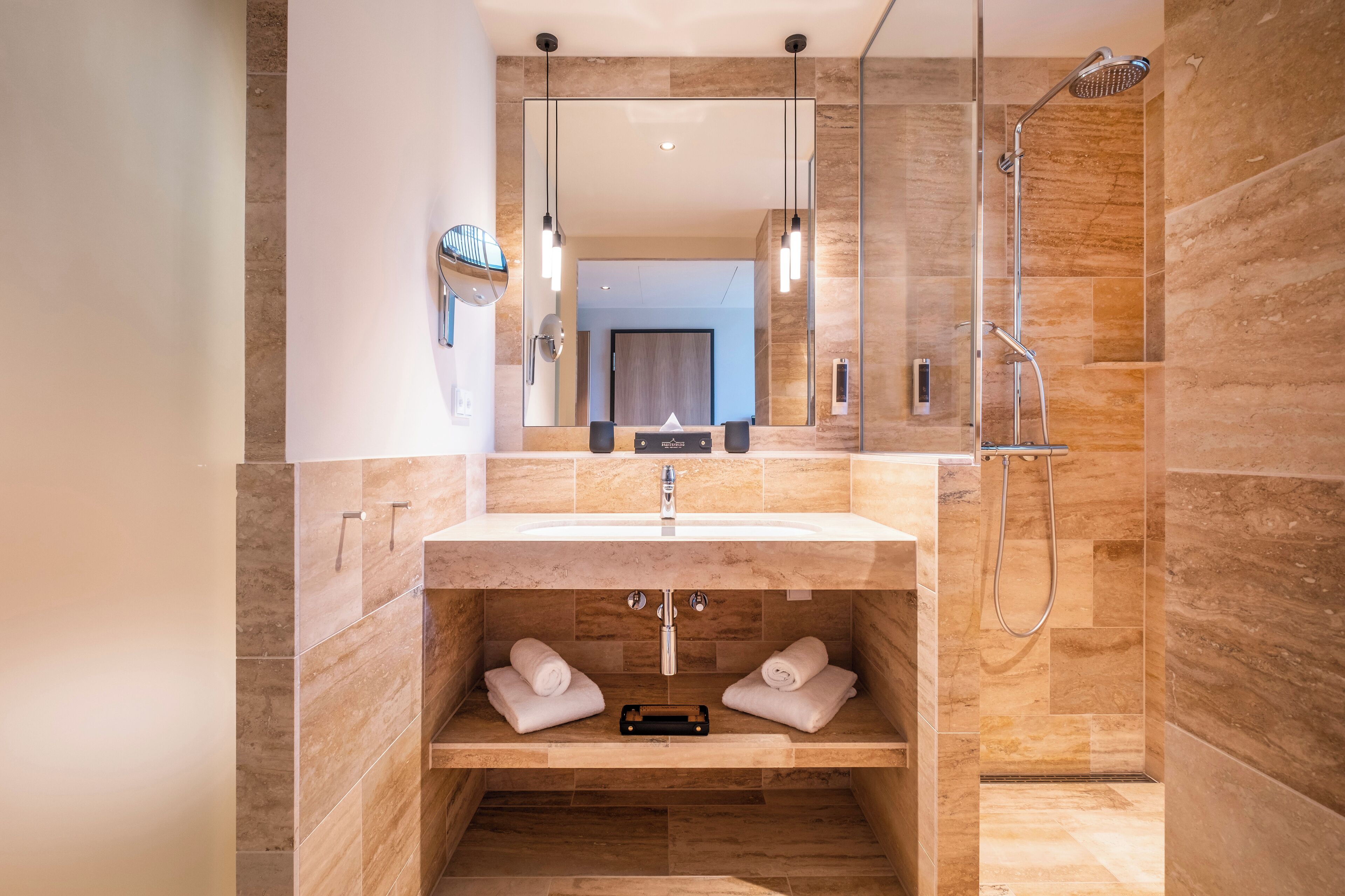 shower, rainfall showerhead, hair dryer, slippers