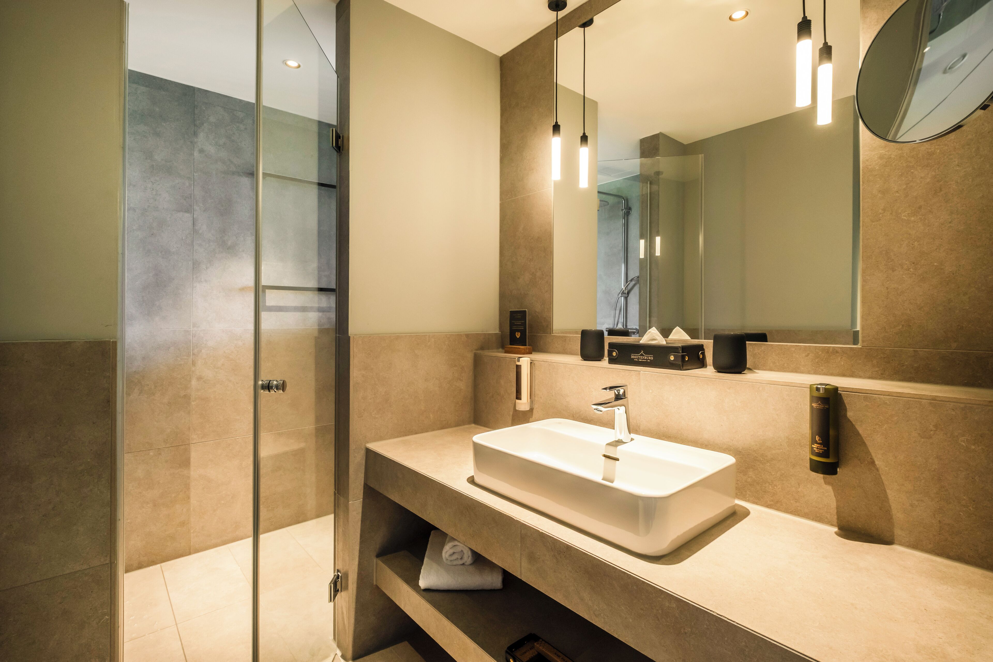 deluxe mit wasserblick | bathroom | shower, rainfall showerhead, hair dryer, slippers