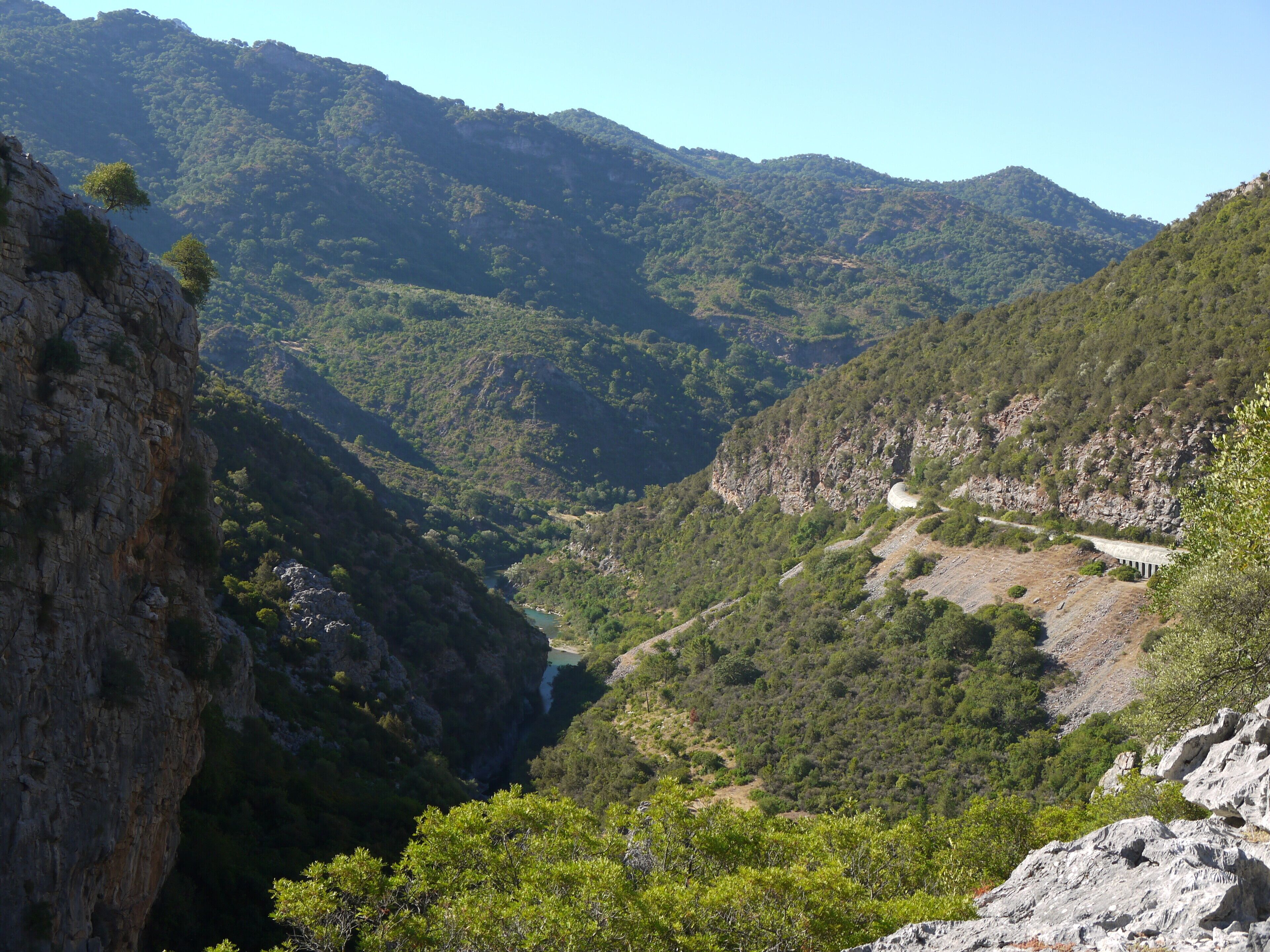 A mountainous landscape with a river valley, rocky cliffs, and dense greenery.