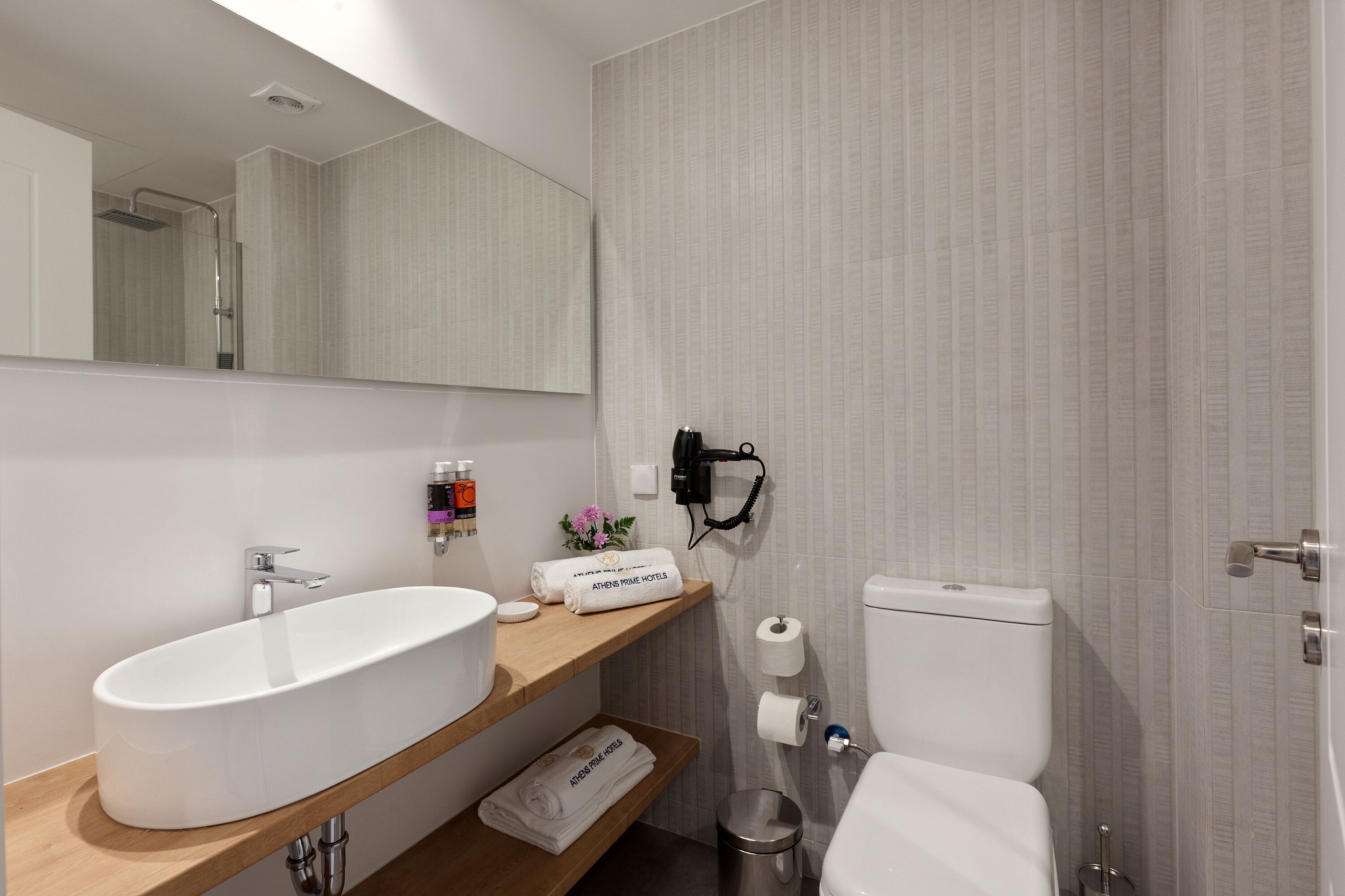 Une salle de bain moderne avec un grand lavabo blanc, des toilettes et une douche.