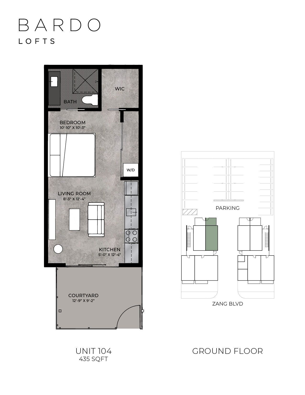 Plan d’étage d’un appartement de 40,4 m² (435 pieds carrés) situé dans l’immeuble Bardo Lofts, comprenant une chambre, un salon, une cuisine, une salle de bain et une place de parking.