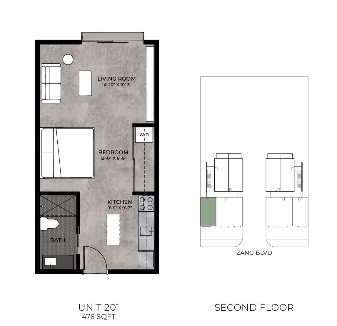 Plan d’étage d’un appartement de 44 mètres carrés situé au deuxième étage, comprenant un salon, une chambre, une cuisine et une salle de bain.