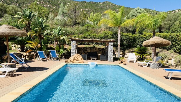 Una piscina rectangular con un muro de piedra y una estructura de techo de paja.