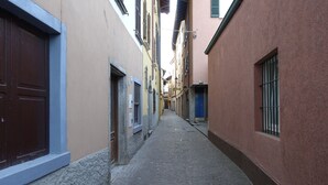 A narrow cobblestone street flanked by buildings with doors and windows. - The little house (Domaso)