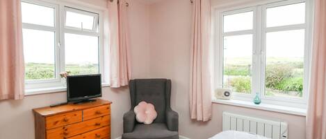 A bedroom with a bed, a dresser, a chair, a TV, and two windows with curtains.