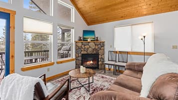 Smart TV, fireplace, foosball