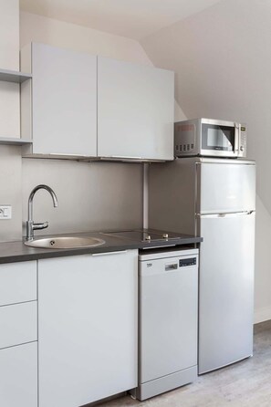 Réfrigérateur, micro-ondes, plaque de cuisson, lave-vaisselle