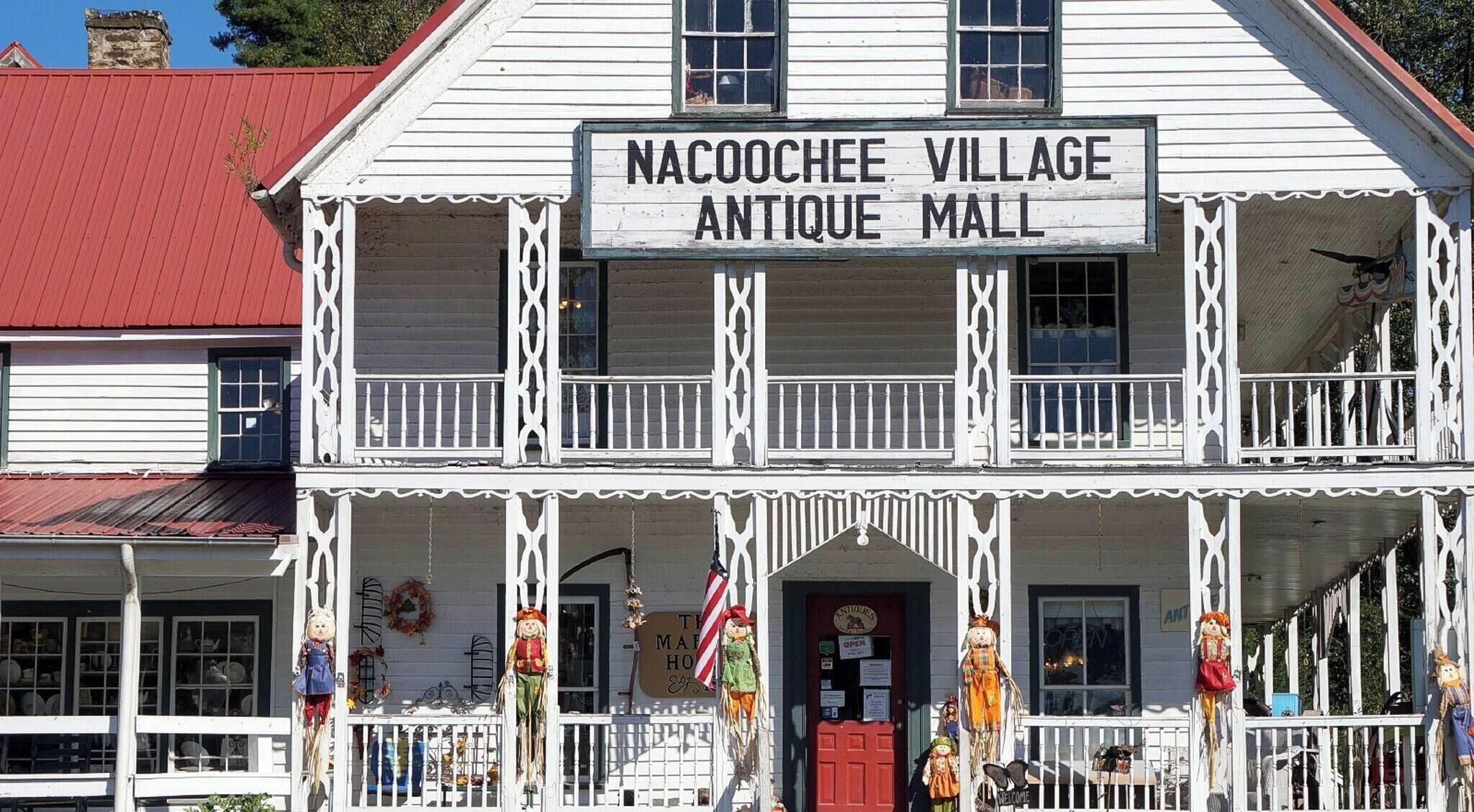 A two-story building with a sign reading 'Nacoochee Village Antique Mall.'
