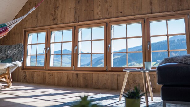 A high-ceilinged room with wooden beams, large windows offering a mountain view, a hammock, and a small table with a plant. - NEW - renovated Bitzi - with a view (Appenzell)