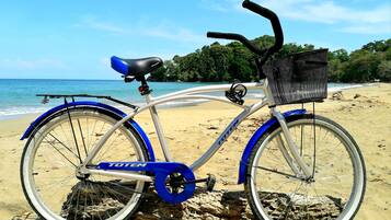 On the beach, sun loungers