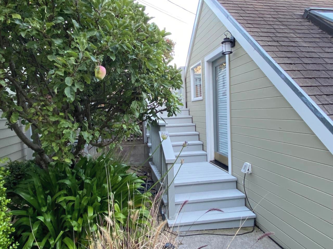 A house with a small front porch, steps leading to the entrance, and a tree with fruit.