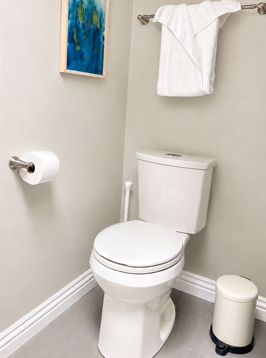 A bathroom with a toilet, a trash bin, a towel rack with a towel, and a painting on the wall.