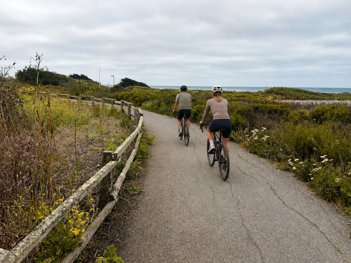 Un sendero pavimentado con una valla de madera a un lado, rodeado de vegetación y una vista al mar en la distancia.