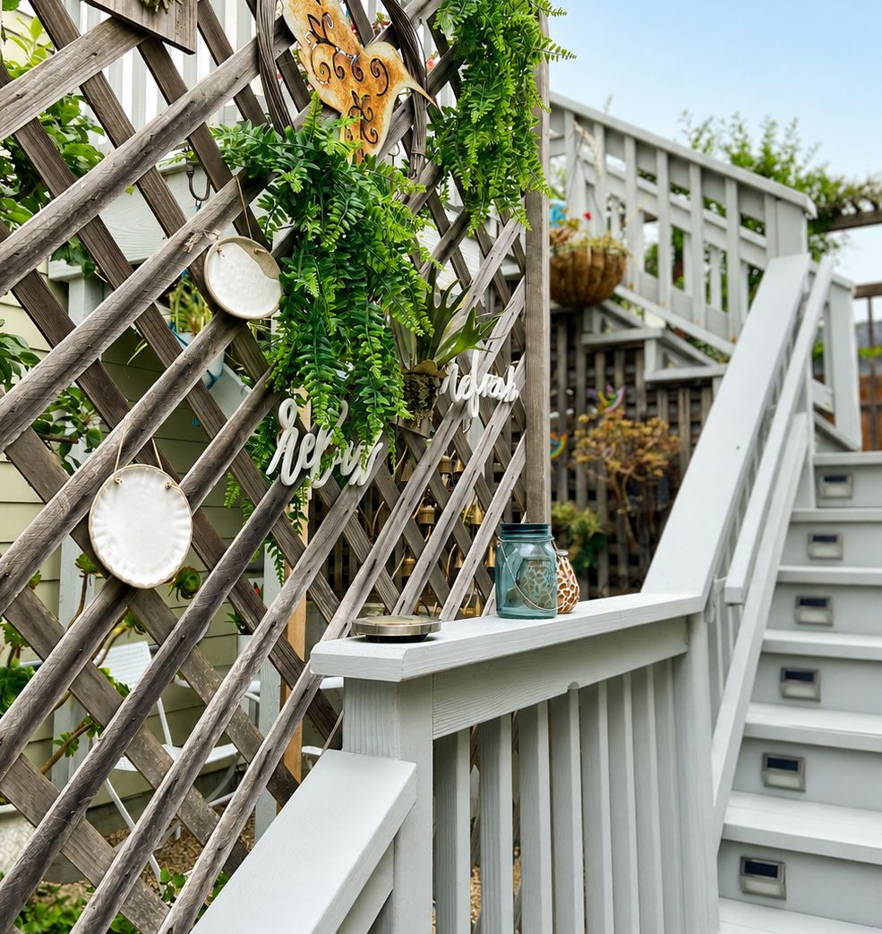 A wooden lattice structure with greenery and a hanging sign.
