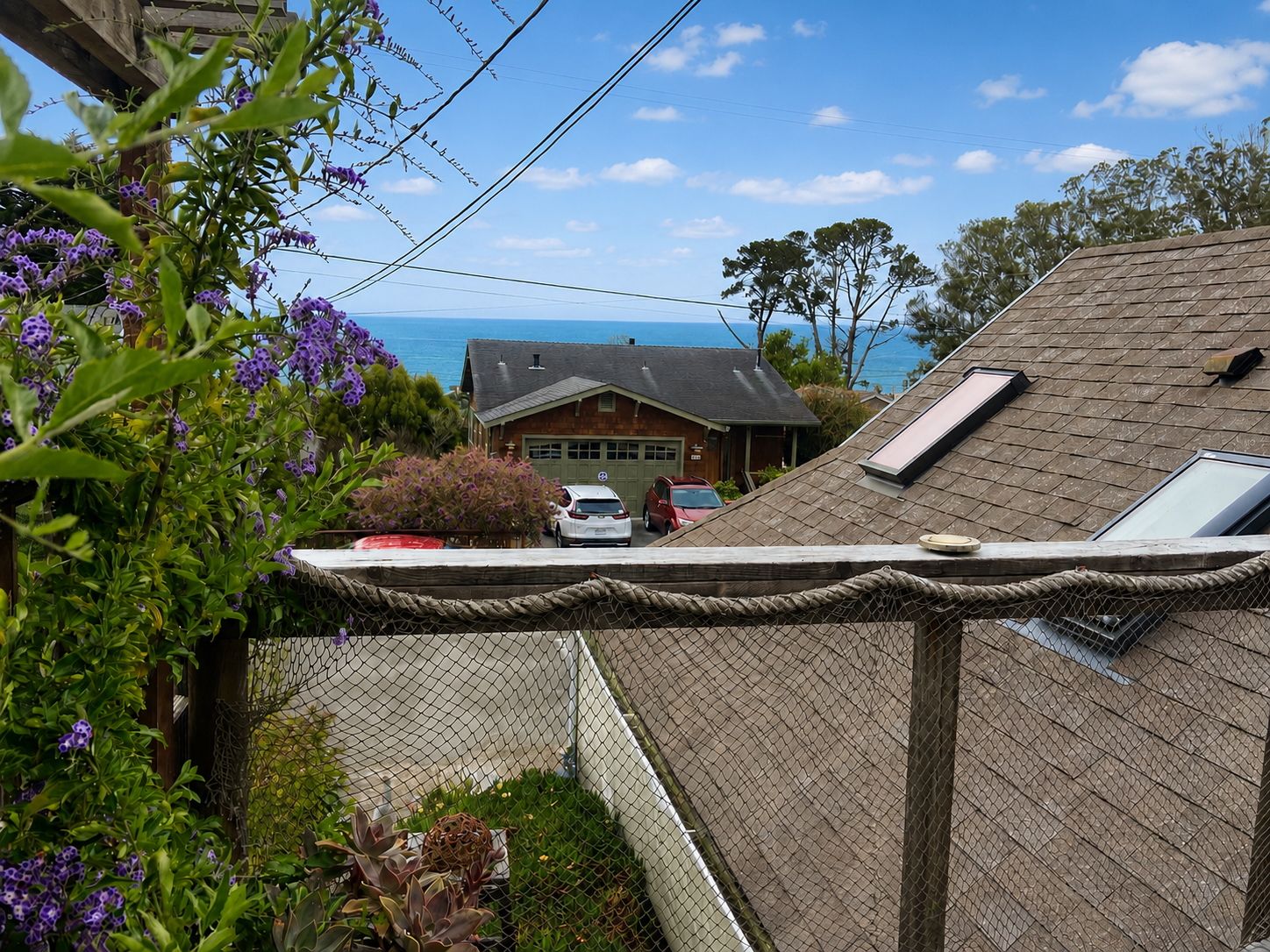A residential area with a house featuring a sloped roof and a skylight.