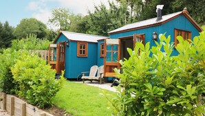 A small blue cabin with a wooden deck and a chair, surrounded by lush greenery. - Little Silver Pheasant (Umberleigh)