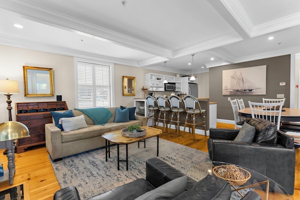 Smart TV, fireplace, books