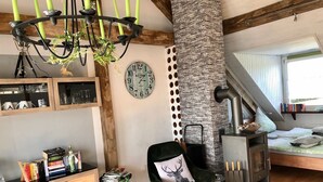 A cozy room with a wooden ceiling, a stone pillar, a bookshelf, a green armchair, a fireplace, and a clock on the wall. - Studio with kitchen, fireplace, terrace, barbecue - dogs allowed - Hohes Venn - Eifel (Monschau)