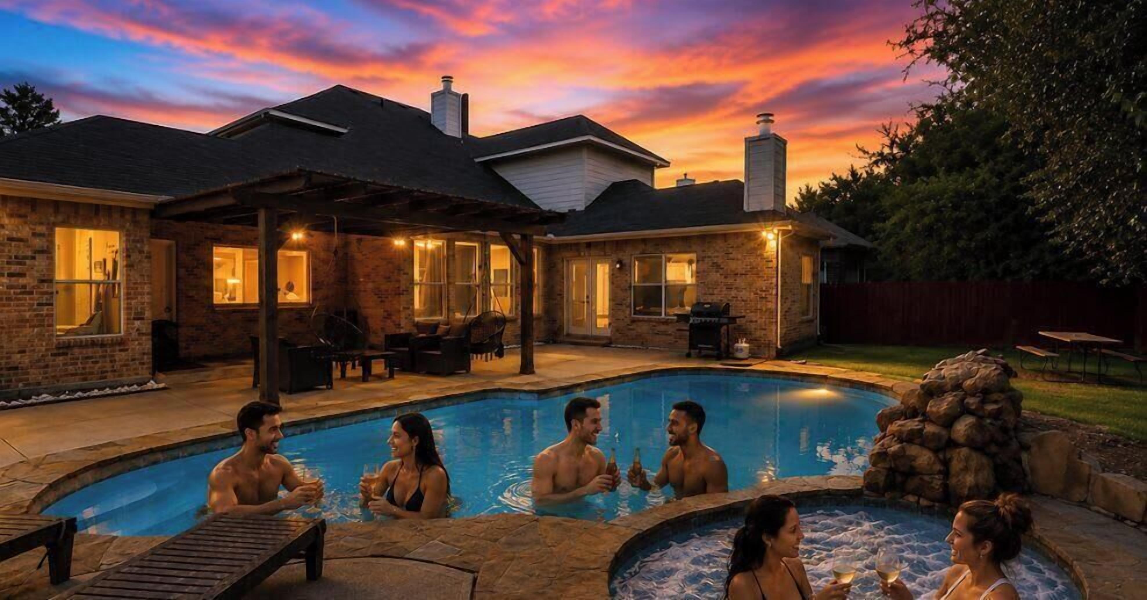A backyard with a swimming pool, outdoor seating, and a hot tub.