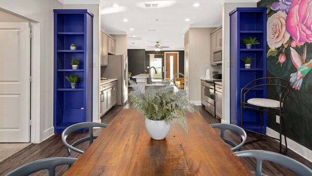 A modern kitchen with wooden flooring, blue shelving units, and a central potted plant. - Luxury Comfort 5 Bedroom Home in Heart of Dallas (Dallas)