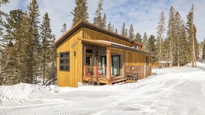 A wooden cabin with a porch and a bicycle parked outside.