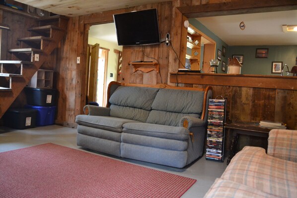 A cozy living room with a grey sofa, a red rug, wooden walls, a TV mounted above the sofa, and a bookshelf with DVDs. - Rustic Foxhole (Marquette)