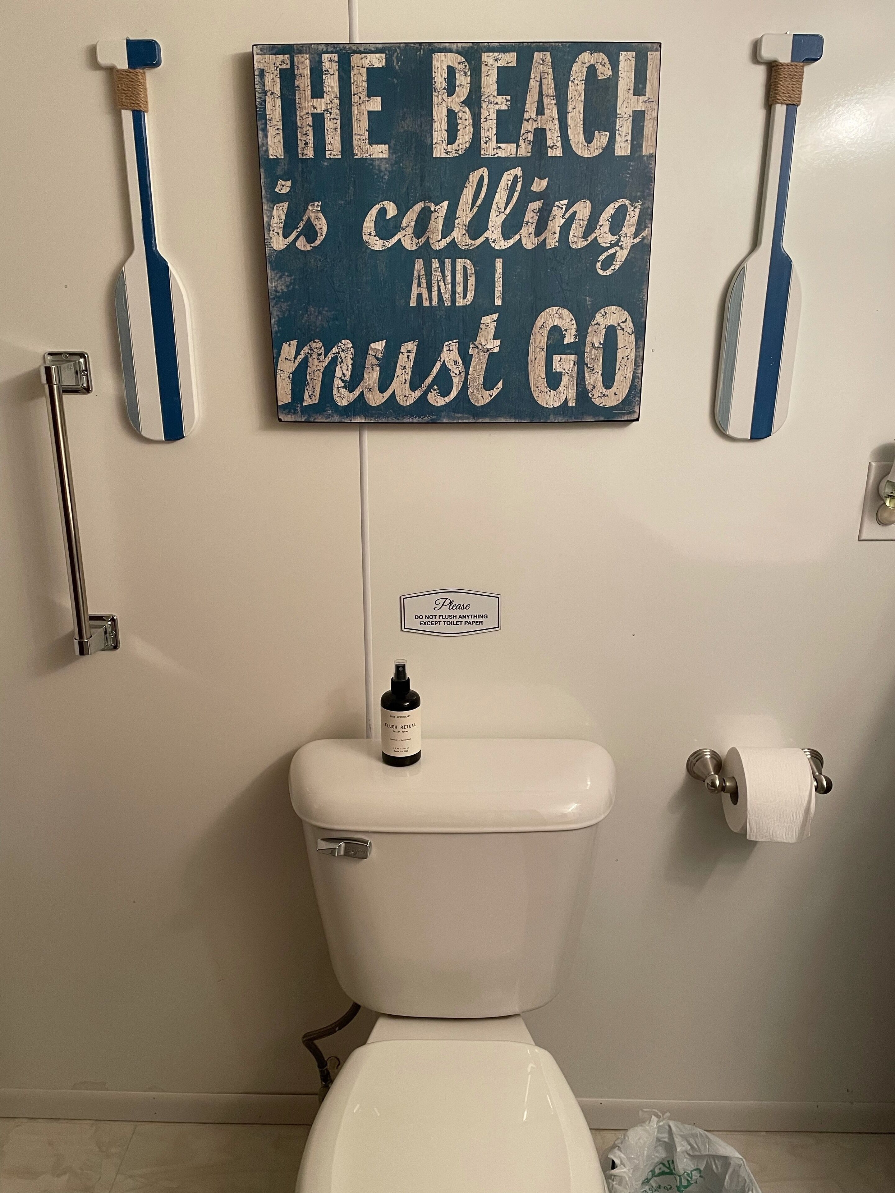 Une salle de bain équipée de toilettes, d’un distributeur de gel hydroalcoolique, d’un porte-rouleau de papier toilette et d’une affiche sur le mur.