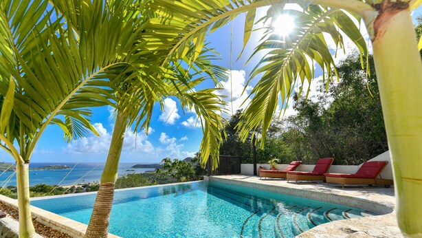 A swimming pool with a view of the sea, surrounded by palm trees and lounge chairs. - Sea La Vie Luxury Villa with Panoramic View and Pool (Antigua)