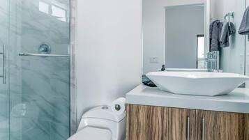 Combined shower/bathtub, towels, toilet paper
